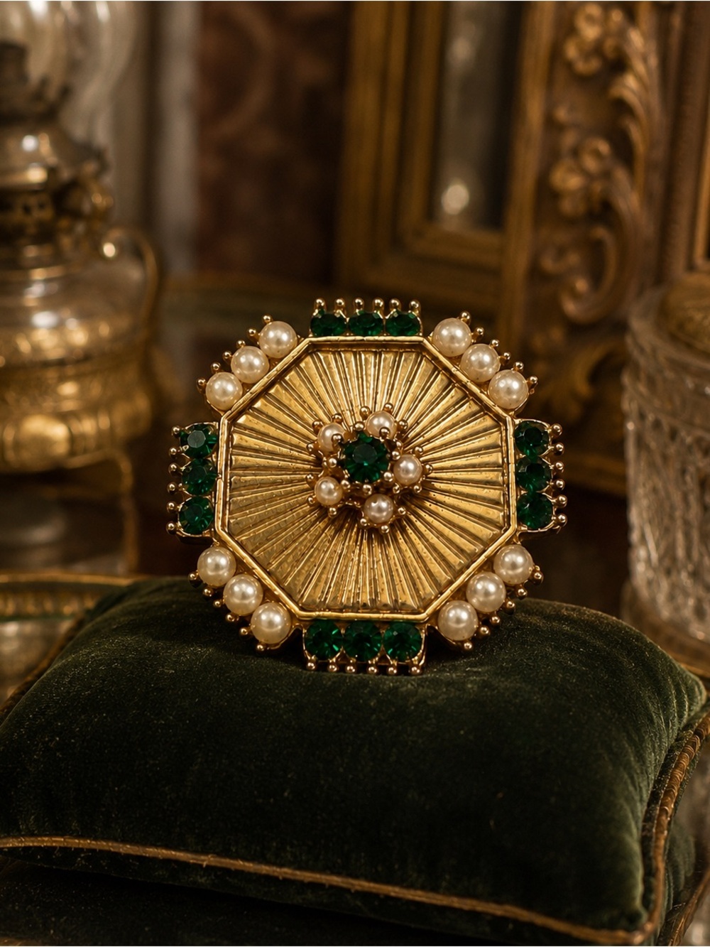 Vintage Gold Tone Sunburst Faux Pearl Emerald Green Rhinestone Brooch Pin